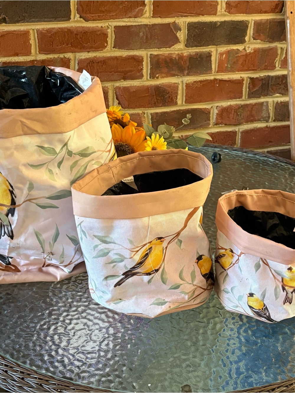Yellow Bird Pattern Fabric Storage Bins - Set of 3